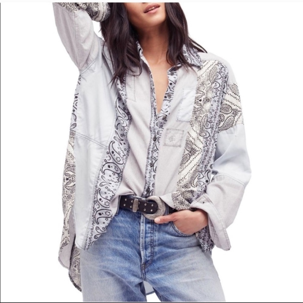 FREE PEOPLE All Patched Up Chambray Button Up Oversized Shirt